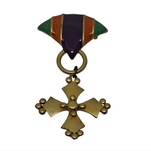 M. Jent Signed Modernist Brooch | Gold Cross Pendant 1980s